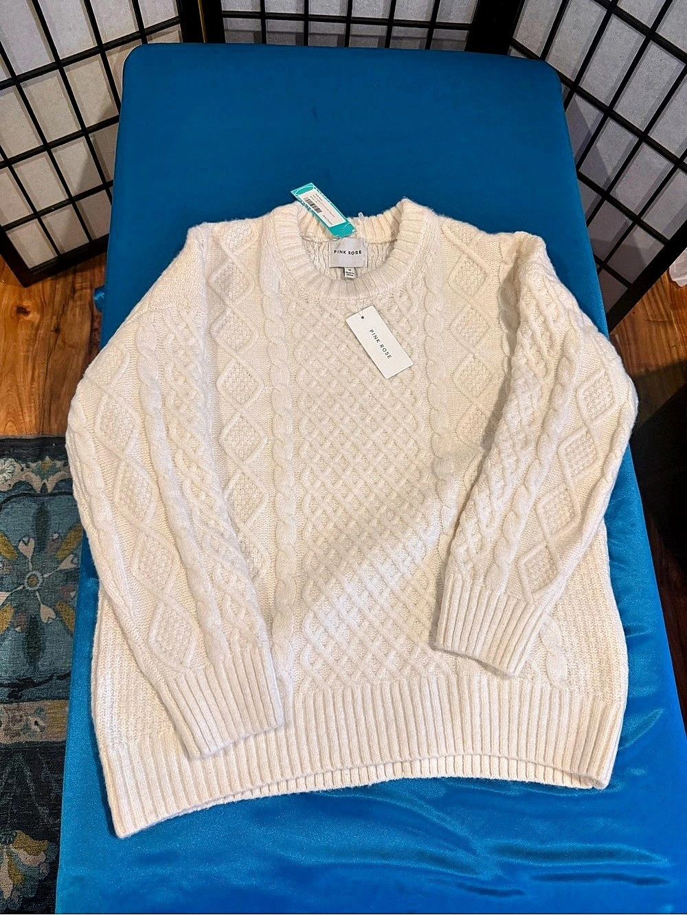 Pink Rose Milo Cabletoed Crewneck Sweater Cream Medium (G3)